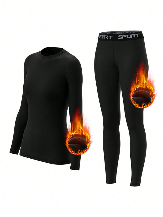 Women Fleece Thermal Underwear Set, Comfortable Base Layer, Warm Skin-Tight Pants For Outdoor Activities, Skiing In Winter, Long Sleeve Crew Neck Top And Leggings Set, Yoga Clothes