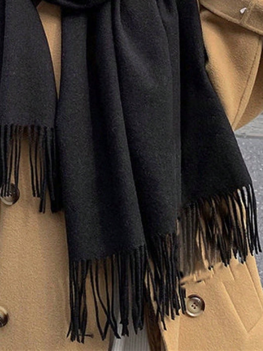 1pc Women Autumn/Winter Solid Color Fringed Faux Cashmere Scarf, Thick & Warm Dual-Use Shawl/Neck Warmer