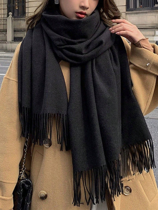 1pc Women Autumn/Winter Solid Color Fringed Faux Cashmere Scarf, Thick & Warm Dual-Use Shawl/Neck Warmer
