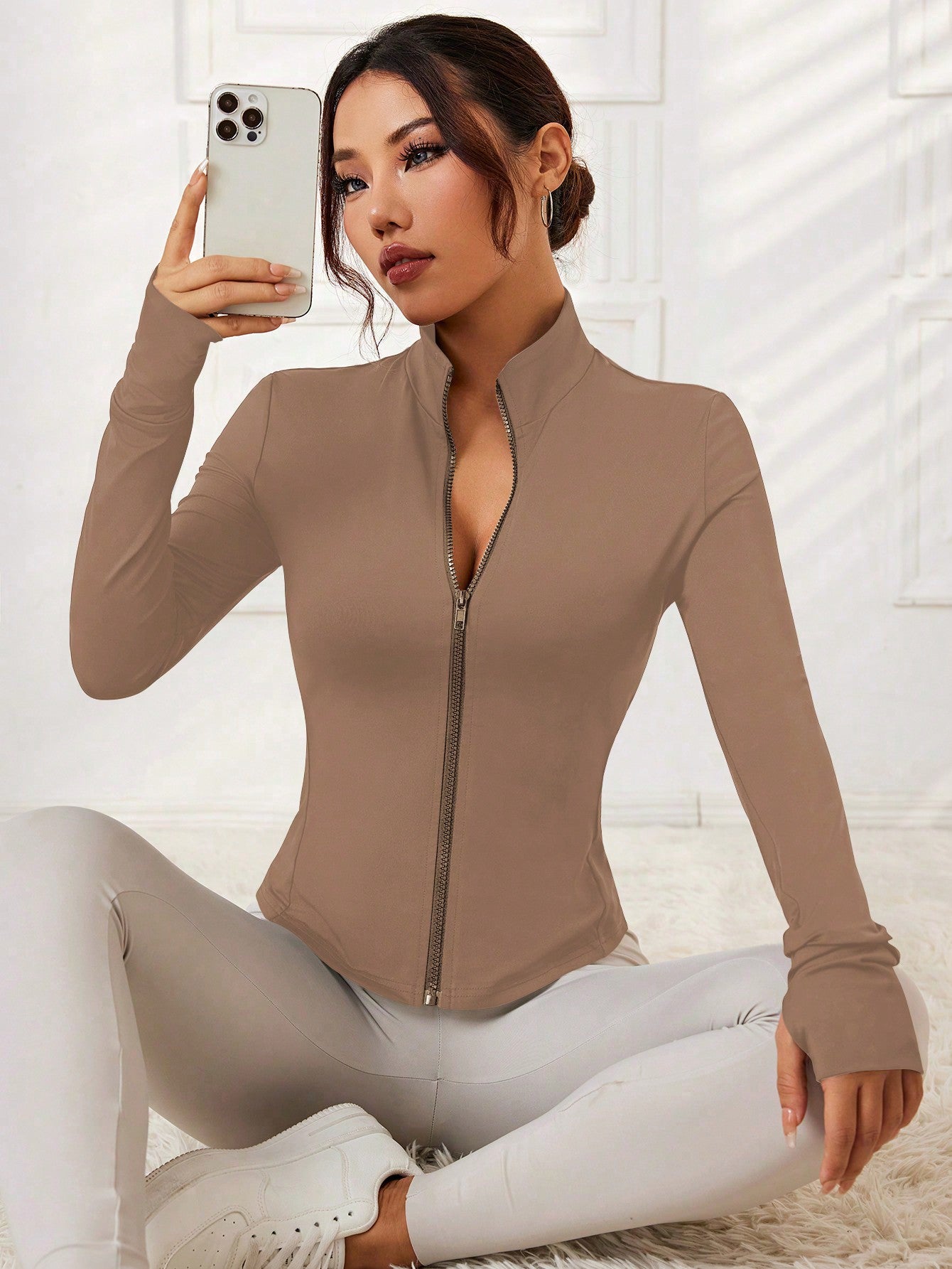 Easithlete Solid Color Zip Thumb Hole Track Jacket