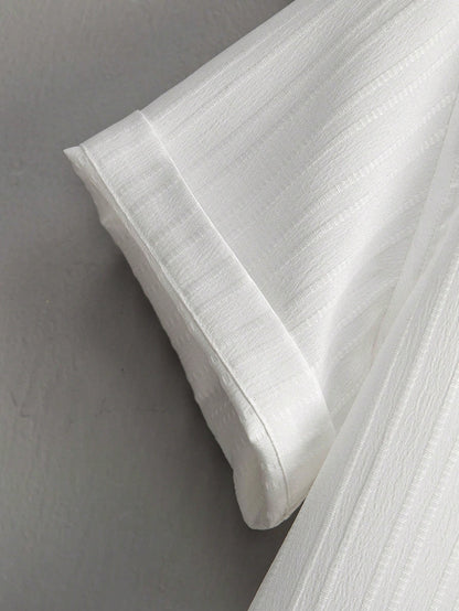 Homme 2pcs Men Casual Solid Color Textured Short Sleeve Shirt And Drawstring Waist Loose Straight-Leg Pants Set, Men Two Pieces Outfits, Men Clothes, Cozy Outfits