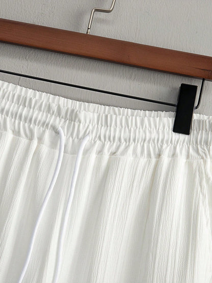 Homme 2pcs Men Casual Solid Color Textured Short Sleeve Shirt And Drawstring Waist Loose Straight-Leg Pants Set, Men Two Pieces Outfits, Men Clothes, Cozy Outfits