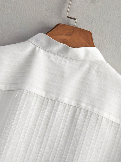 Homme 2pcs Men Casual Solid Color Textured Short Sleeve Shirt And Drawstring Waist Loose Straight-Leg Pants Set, Men Two Pieces Outfits, Men Clothes, Cozy Outfits