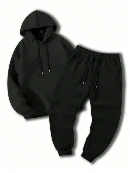 2pcs Men Hoodie Sweatshirt And Knit Pants Set, Casual Sports Outfit, Fall Clothes