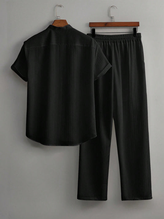 Men's Summer Solid Color Short Sleeve Single-Breasted Shirt And Pants Casual Suit,Men's Versatile Set, Heavyweight Casual Commuting Chinese Style Stand Up Collar Imitation Hemp Bamboo Knot Short Sleeved Shirt And Casual Elastic Loose Draws