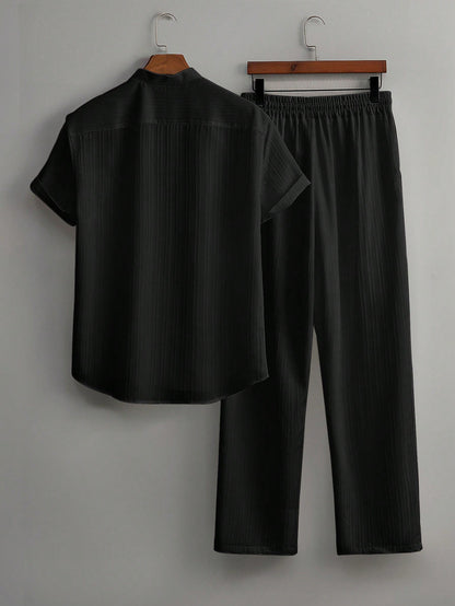 Men's Summer Solid Color Short Sleeve Single-Breasted Shirt And Pants Casual Suit,Men's Versatile Set, Heavyweight Casual Commuting Chinese Style Stand Up Collar Imitation Hemp Bamboo Knot Short Sleeved Shirt And Casual Elastic Loose Draws