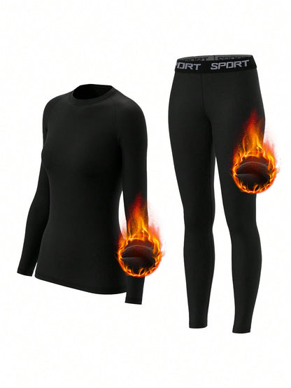 Women Fleece Thermal Underwear Set, Comfortable Base Layer, Warm Skin-Tight Pants For Outdoor Activities, Skiing In Winter, Long Sleeve Crew Neck Top And Leggings Set, Yoga Clothes