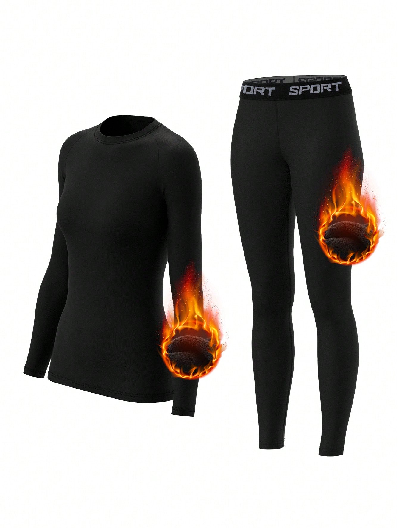 Women Fleece Thermal Underwear Set, Comfortable Base Layer, Warm Skin-Tight Pants For Outdoor Activities, Skiing In Winter, Long Sleeve Crew Neck Top And Leggings Set, Yoga Clothes