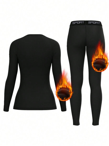 Women Fleece Thermal Underwear Set, Comfortable Base Layer, Warm Skin-Tight Pants For Outdoor Activities, Skiing In Winter, Long Sleeve Crew Neck Top And Leggings Set, Yoga Clothes