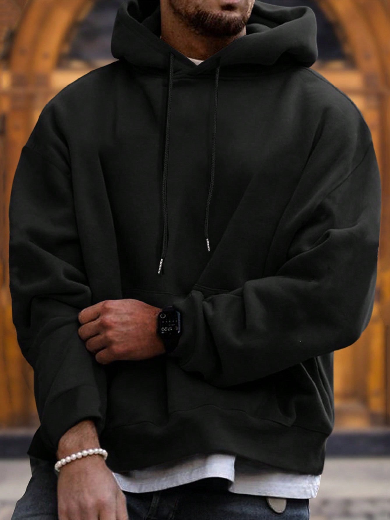 Men's Solid Color Drop Shoulder Long Sleeve Drawstring Pocket Casual Hoodie, Autumn/Winter,Back To School