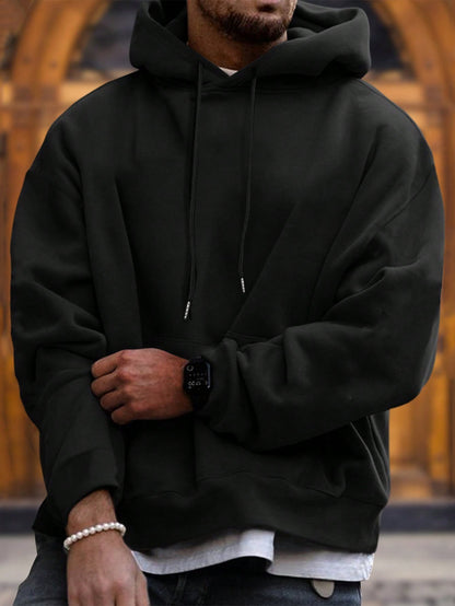 Men's Solid Color Drop Shoulder Long Sleeve Drawstring Pocket Casual Hoodie, Autumn/Winter,Back To School