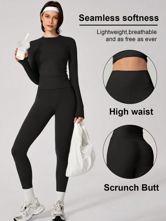 Set Women Simple Solid Color Sports Top And Pants Base Set Yoga Daily