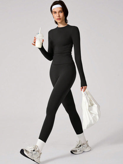 Set Women Simple Solid Color Sports Top And Pants Base Set Yoga Daily