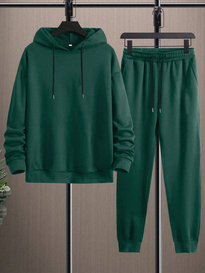2pcs Men Hoodie Sweatshirt And Knit Pants Set, Casual Sports Outfit, Fall Clothes