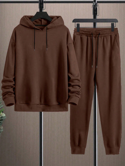 2pcs Men Hoodie Sweatshirt And Knit Pants Set, Casual Sports Outfit, Fall Clothes