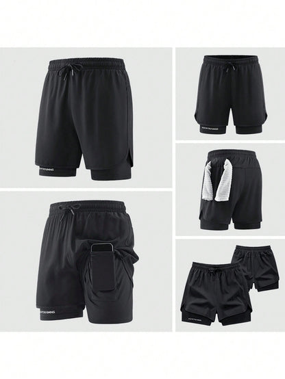 Summer Quick-Dry Running Shorts With Built-In Underwear, Boyfriend Style Men's 3/4 Training Pants For Gym Fitness