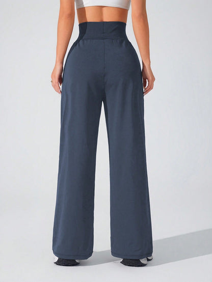Lifespree Women's Solid Color High Waist Pleated Pocket Wide Leg Sports Pants