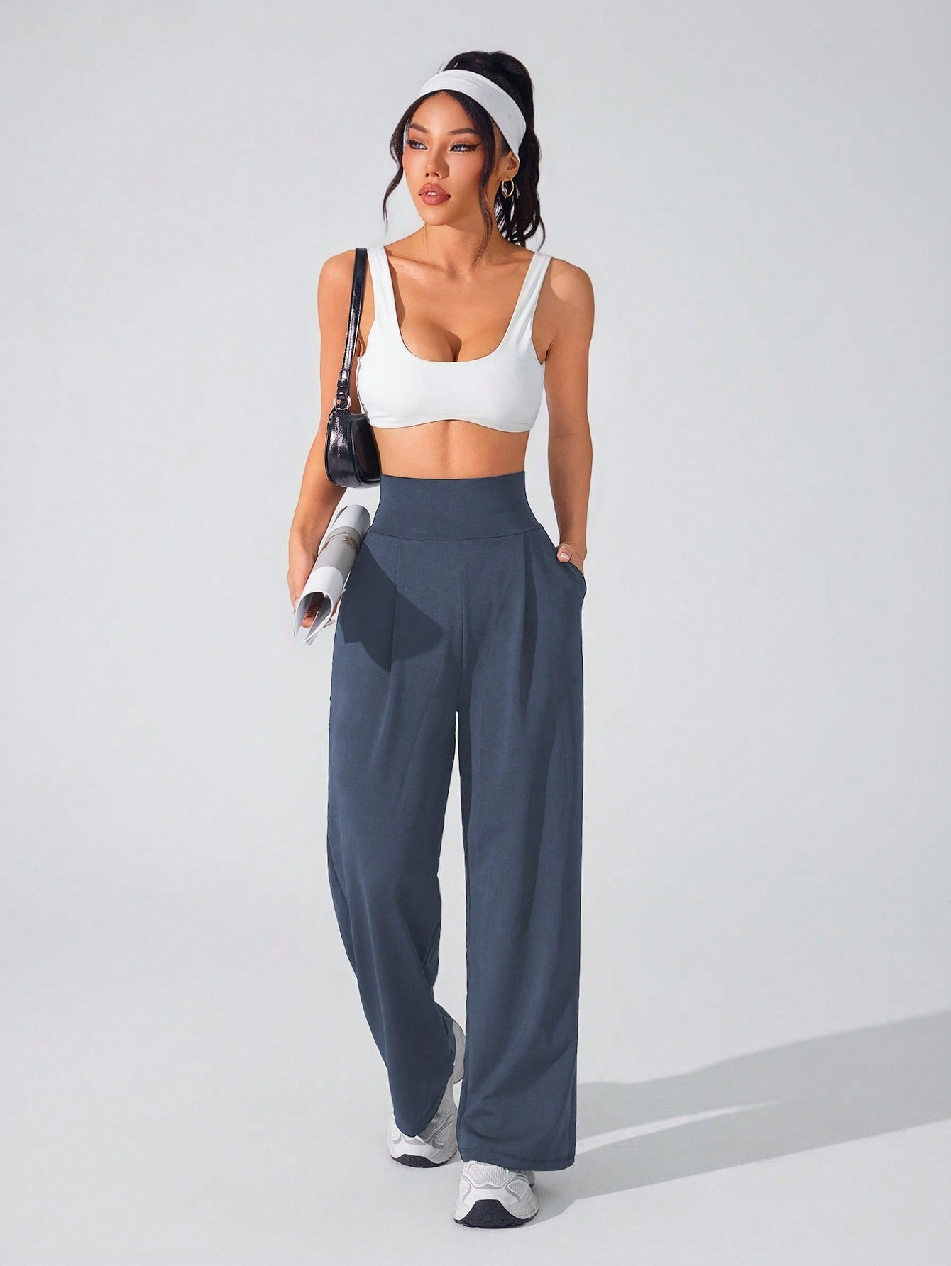 Lifespree Women's Solid Color High Waist Pleated Pocket Wide Leg Sports Pants