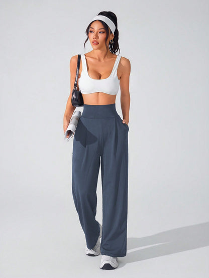 Lifespree Women's Solid Color High Waist Pleated Pocket Wide Leg Sports Pants