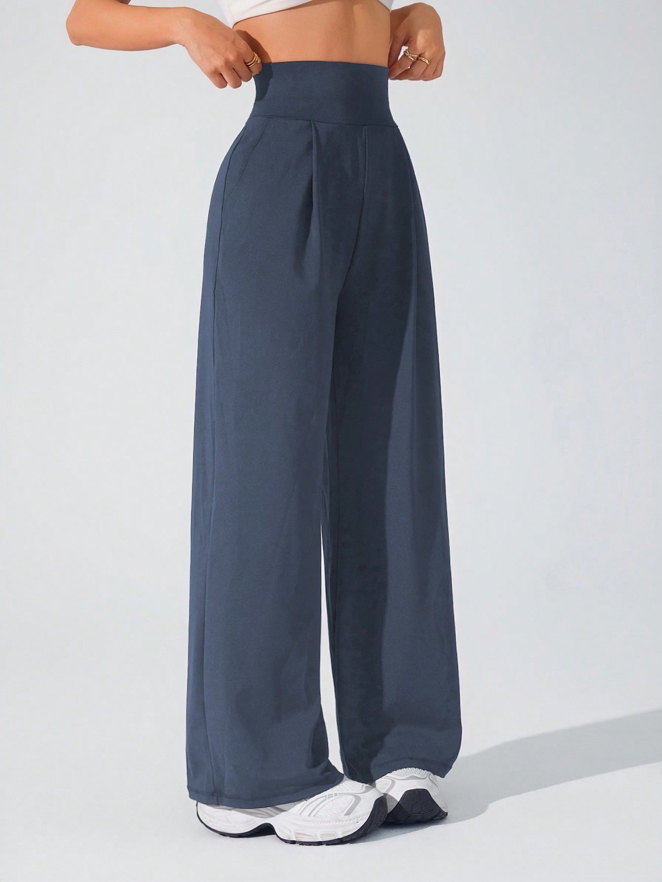 Lifespree Women's Solid Color High Waist Pleated Pocket Wide Leg Sports Pants