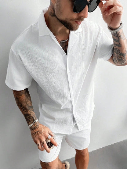 Men's 2-Piece Summer Outfit, Lightweight Breathable Cuban Linen Shirt & Drawstring Shorts Set, Old Money Style Casual Beach Wedding Party Vacation Travel Outfits, Father's Day Gifts For Husband Dad Boyfriend, Cozy Outfits