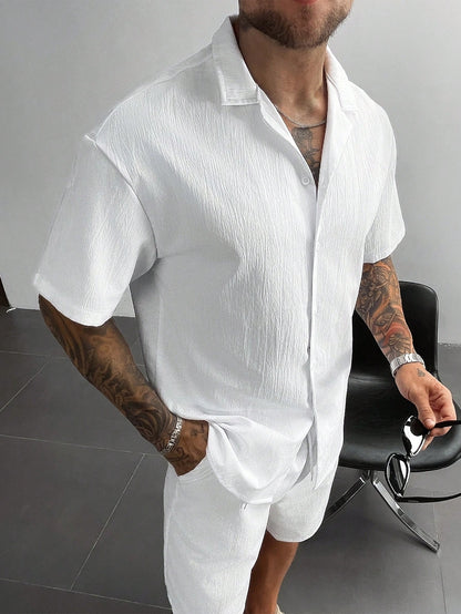 Men's 2-Piece Summer Outfit, Lightweight Breathable Cuban Linen Shirt & Drawstring Shorts Set, Old Money Style Casual Beach Wedding Party Vacation Travel Outfits, Father's Day Gifts For Husband Dad Boyfriend, Cozy Outfits