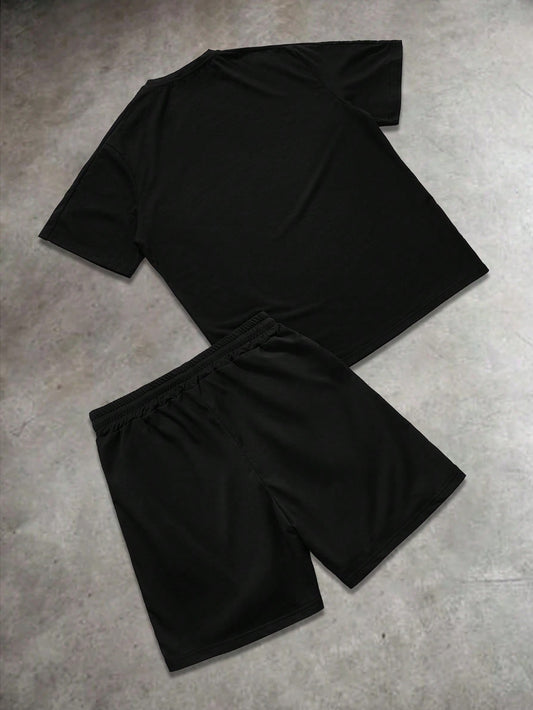 Men's Letter Print Round Neck Short Sleeve Casual T-Shirt And Drawstring Waist Shorts Set