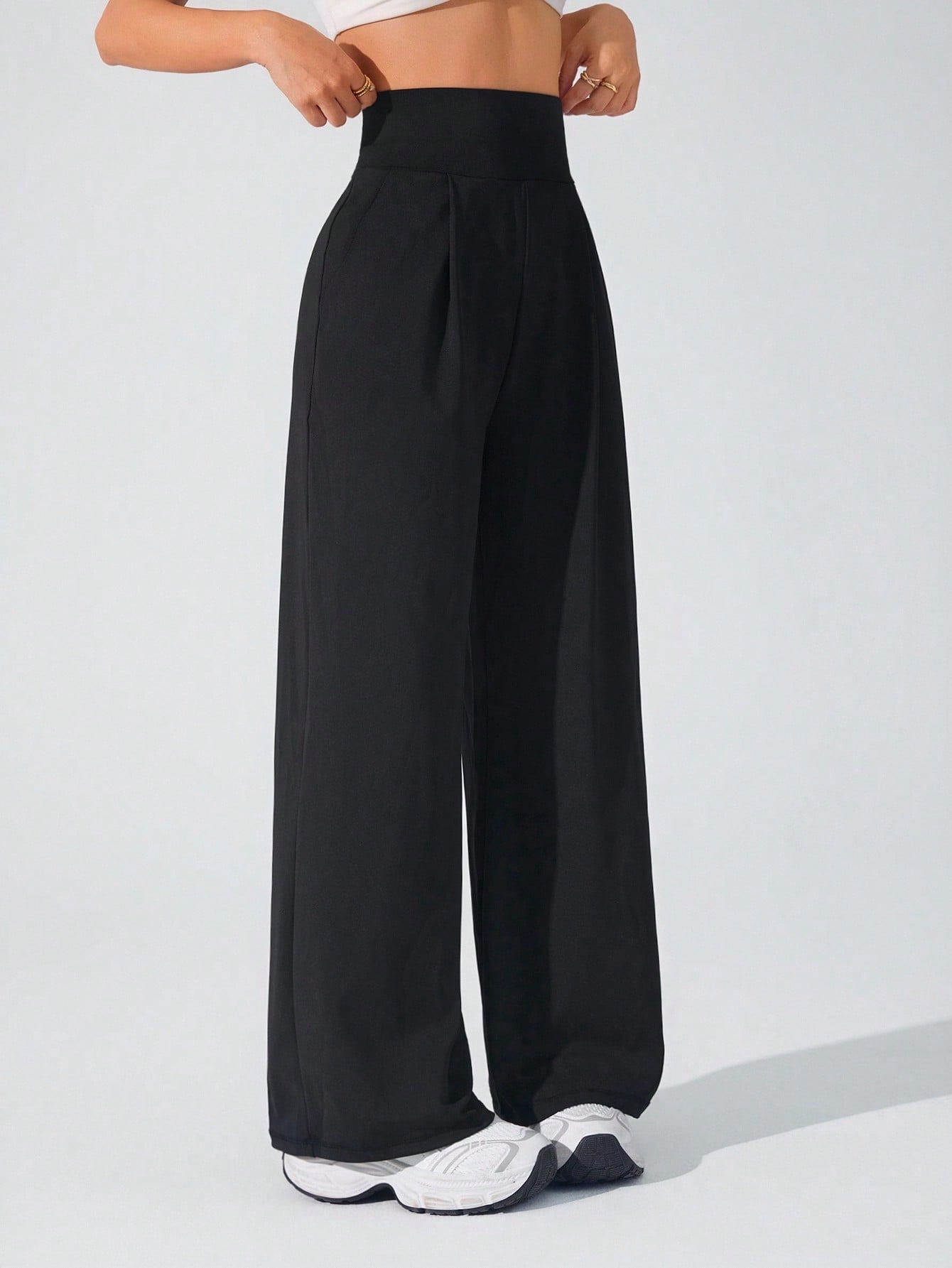 Lifespree Women's Solid Color High Waist Pleated Pocket Wide Leg Sports Pants
