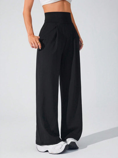Lifespree Women's Solid Color High Waist Pleated Pocket Wide Leg Sports Pants