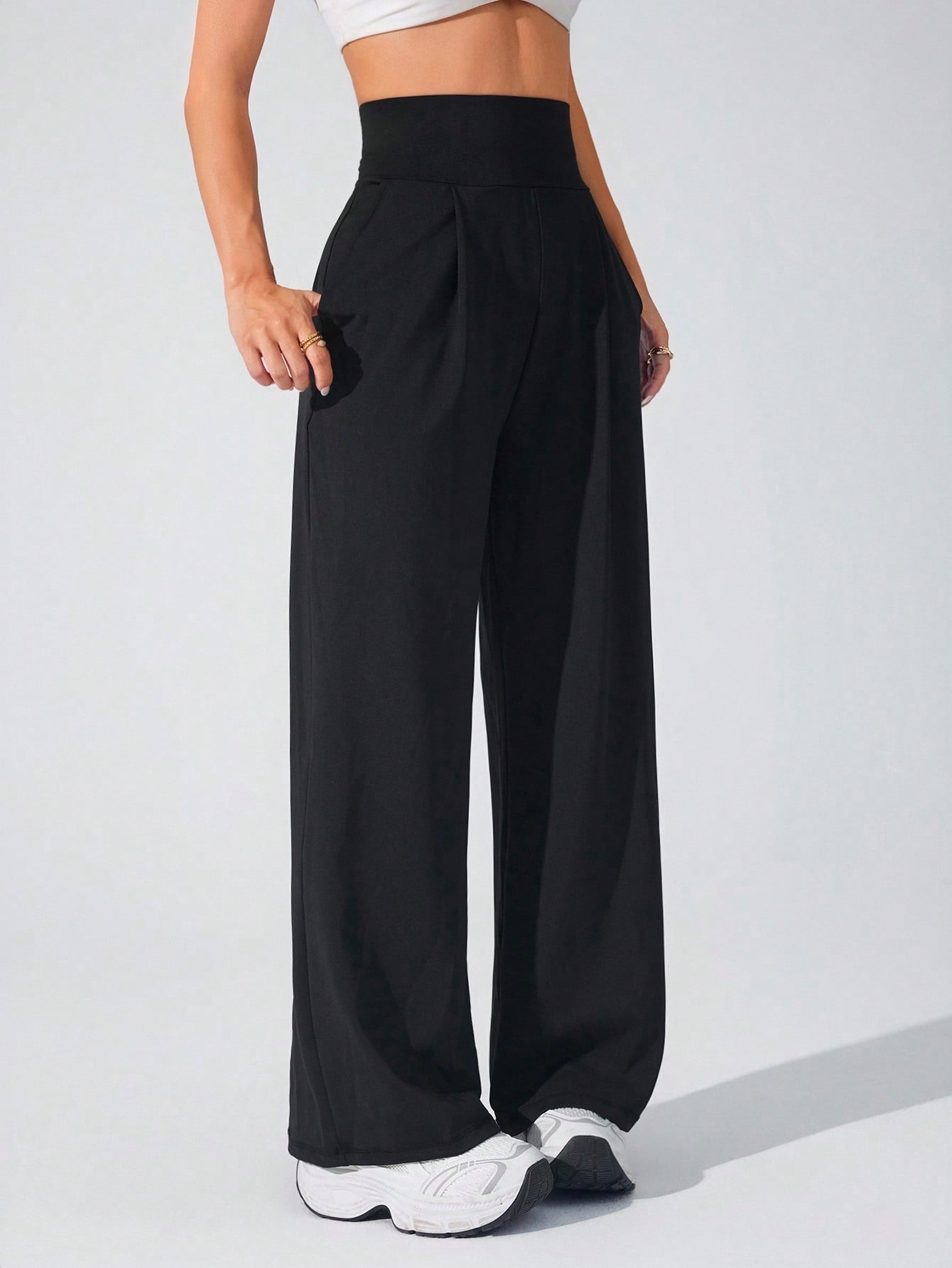 Lifespree Women's Solid Color High Waist Pleated Pocket Wide Leg Sports Pants