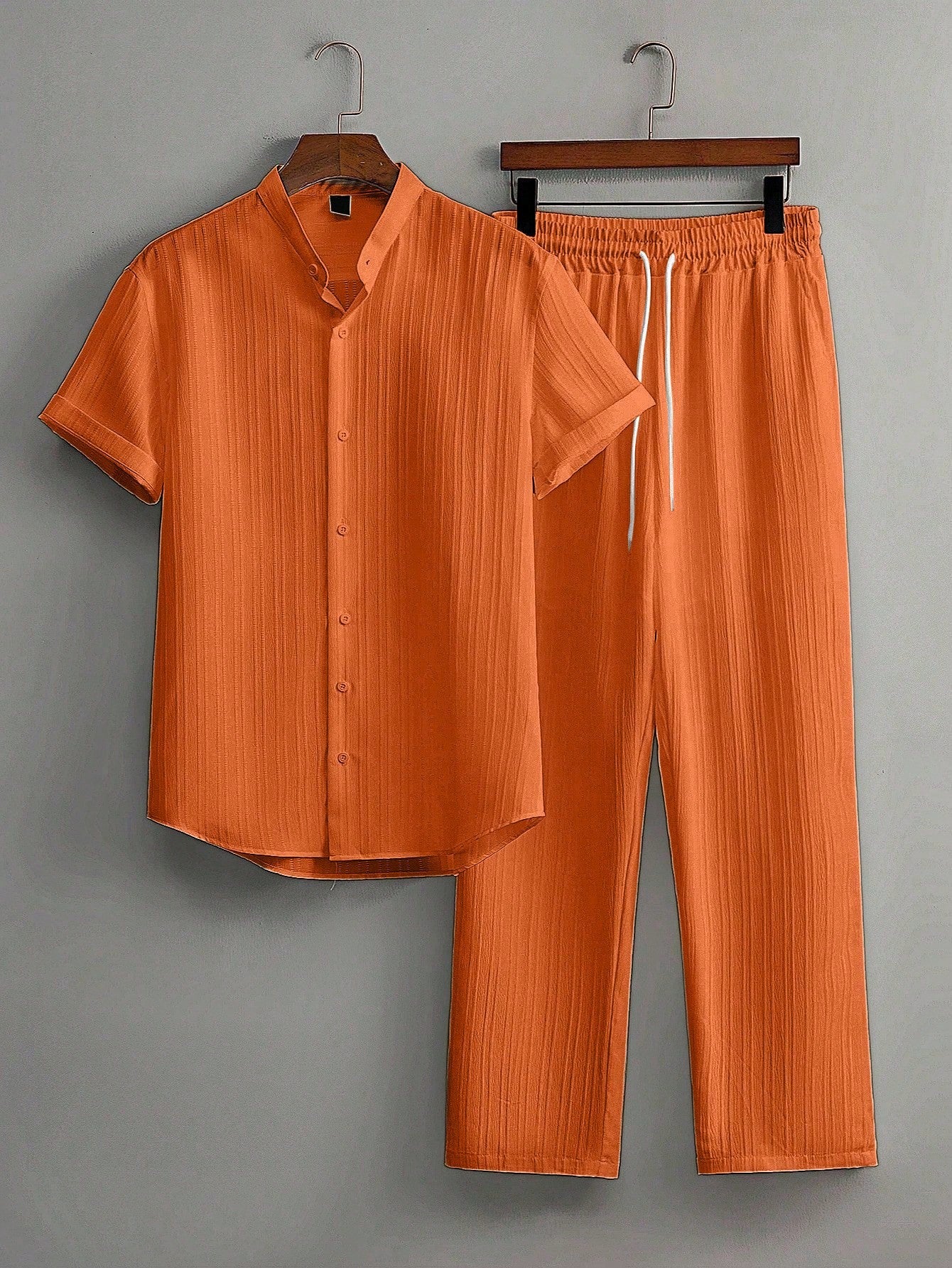 Men's Summer Solid Color Short Sleeve Single-Breasted Shirt And Pants Casual Suit,Men's Versatile Set, Heavyweight Casual Commuting Chinese Style Stand Up Collar Imitation Hemp Bamboo Knot Short Sleeved Shirt And Casual Elastic Loose Draws