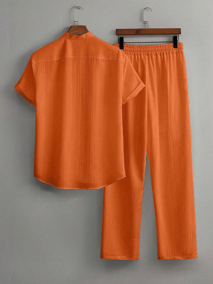 Men's Summer Solid Color Short Sleeve Single-Breasted Shirt And Pants Casual Suit,Men's Versatile Set, Heavyweight Casual Commuting Chinese Style Stand Up Collar Imitation Hemp Bamboo Knot Short Sleeved Shirt And Casual Elastic Loose Draws