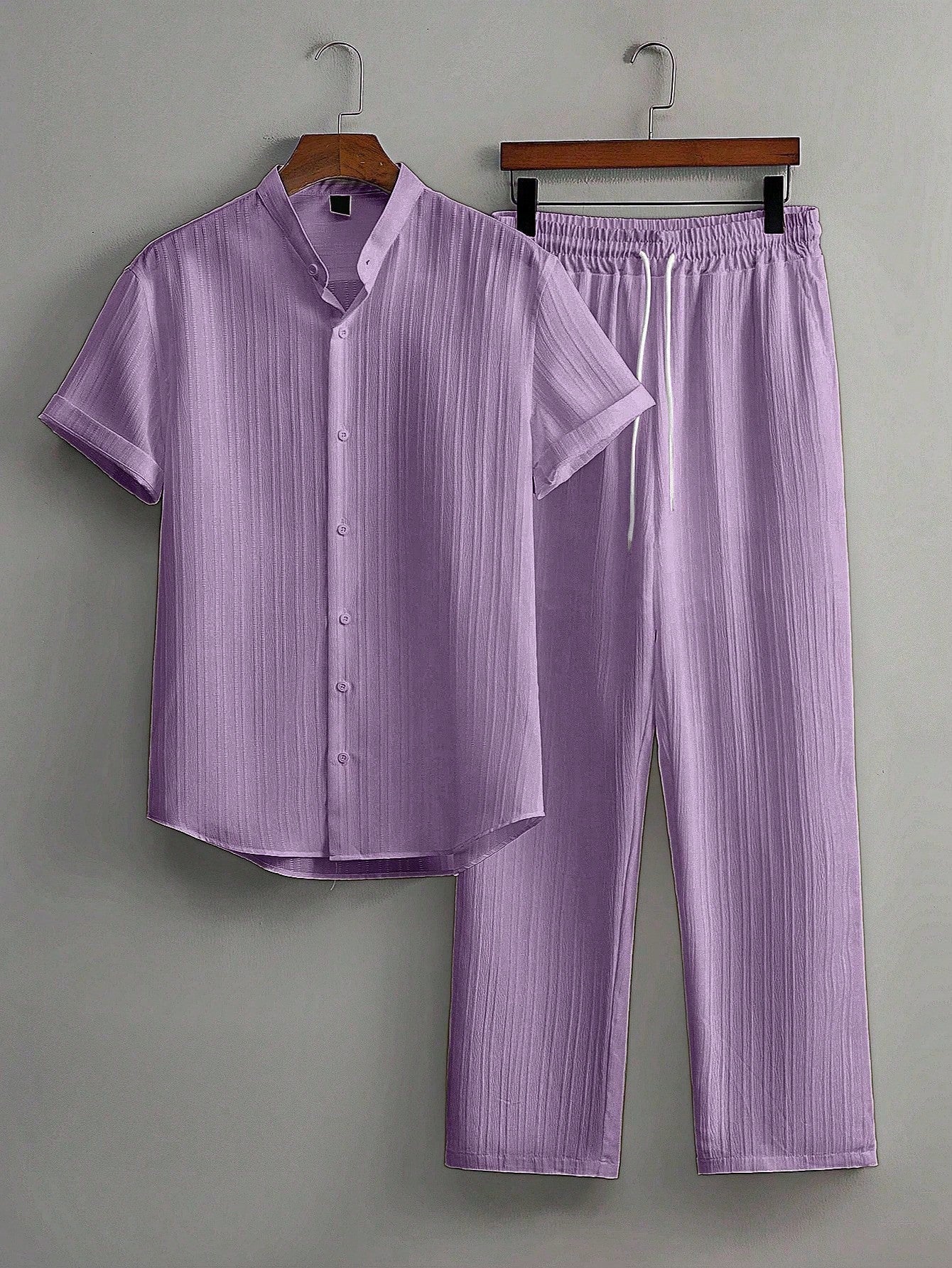 Men's Summer Solid Color Short Sleeve Single-Breasted Shirt And Pants Casual Suit,Men's Versatile Set, Heavyweight Casual Commuting Chinese Style Stand Up Collar Imitation Hemp Bamboo Knot Short Sleeved Shirt And Casual Elastic Loose Draws