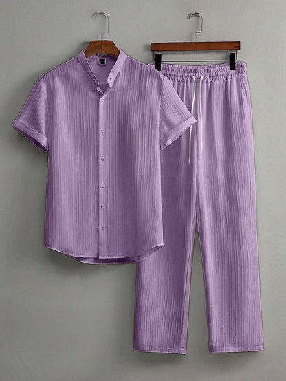 Men's Summer Solid Color Short Sleeve Single-Breasted Shirt And Pants Casual Suit,Men's Versatile Set, Heavyweight Casual Commuting Chinese Style Stand Up Collar Imitation Hemp Bamboo Knot Short Sleeved Shirt And Casual Elastic Loose Draws