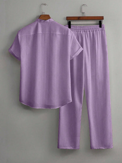 Men's Summer Solid Color Short Sleeve Single-Breasted Shirt And Pants Casual Suit,Men's Versatile Set, Heavyweight Casual Commuting Chinese Style Stand Up Collar Imitation Hemp Bamboo Knot Short Sleeved Shirt And Casual Elastic Loose Draws