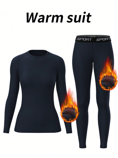 Women Fleece Thermal Underwear Set, Comfortable Base Layer, Warm Skin-Tight Pants For Outdoor Activities, Skiing In Winter, Long Sleeve Crew Neck Top And Leggings Set, Yoga Clothes