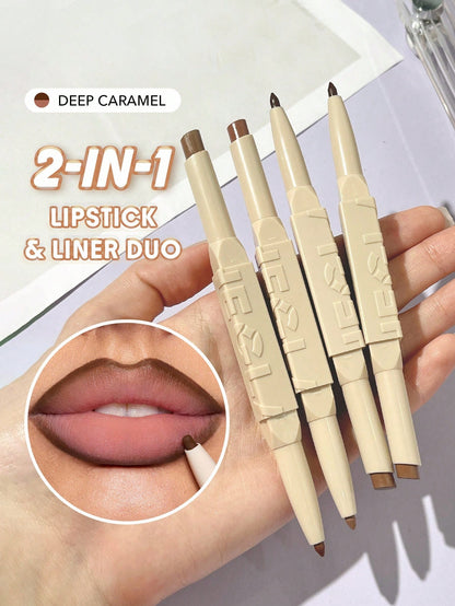 Glam 101 Lipstick & Liner Duo-Deep Caramel 2-In-1 Matte Dual-Ended Lip Liner Lipstick Pencil Highly Pigmented Long Lasting Smooth Easy To Wear Lip Makeup Pink Brown Lip Liner Brand Beauty Makeup Face Paint Cosmetic For Women Girls Perfect For Fall