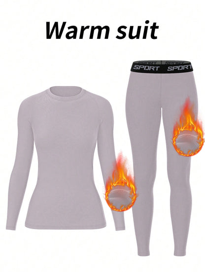 Women Fleece Thermal Underwear Set, Comfortable Base Layer, Warm Skin-Tight Pants For Outdoor Activities, Skiing In Winter, Long Sleeve Crew Neck Top And Leggings Set, Yoga Clothes