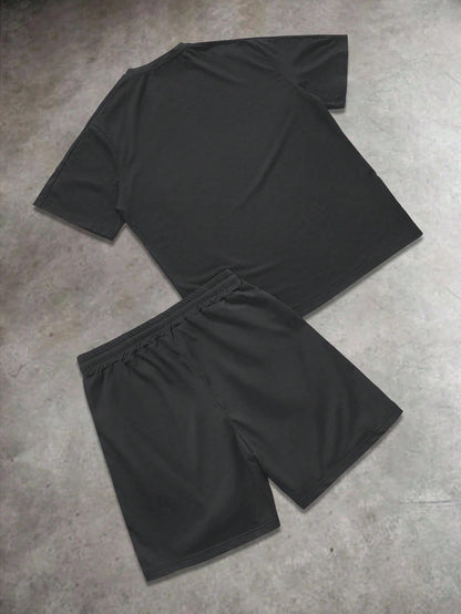 Men's Letter Print Round Neck Short Sleeve Casual T-Shirt And Drawstring Waist Shorts Set