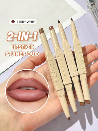 Glam 101 Lipstick & Liner Duo-Deep Caramel 2-In-1 Matte Dual-Ended Lip Liner Lipstick Pencil Highly Pigmented Long Lasting Smooth Easy To Wear Lip Makeup Pink Brown Lip Liner Brand Beauty Makeup Face Paint Cosmetic For Women Girls Perfect For Fall