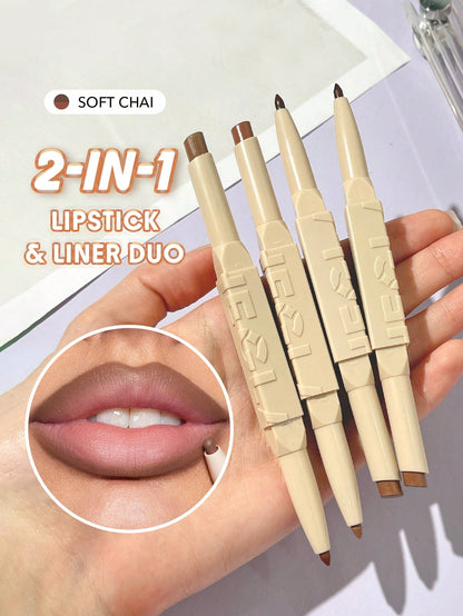 Glam 101 Lipstick & Liner Duo-Deep Caramel 2-In-1 Matte Dual-Ended Lip Liner Lipstick Pencil Highly Pigmented Long Lasting Smooth Easy To Wear Lip Makeup Pink Brown Lip Liner Brand Beauty Makeup Face Paint Cosmetic For Women Girls Perfect For Fall