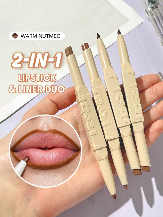 Glam 101 Lipstick & Liner Duo-Deep Caramel 2-In-1 Matte Dual-Ended Lip Liner Lipstick Pencil Highly Pigmented Long Lasting Smooth Easy To Wear Lip Makeup Pink Brown Lip Liner Brand Beauty Makeup Face Paint Cosmetic For Women Girls Perfect For Fall