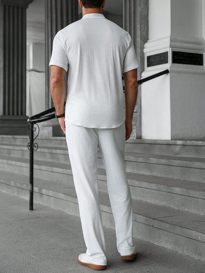 Men's Summer Solid Color Short Sleeve Single-Breasted Shirt And Pants Casual Suit,Men's Versatile Set, Heavyweight Casual Commuting Chinese Style Stand Up Collar Imitation Hemp Bamboo Knot Short Sleeved Shirt And Casual Elastic Loose Draws