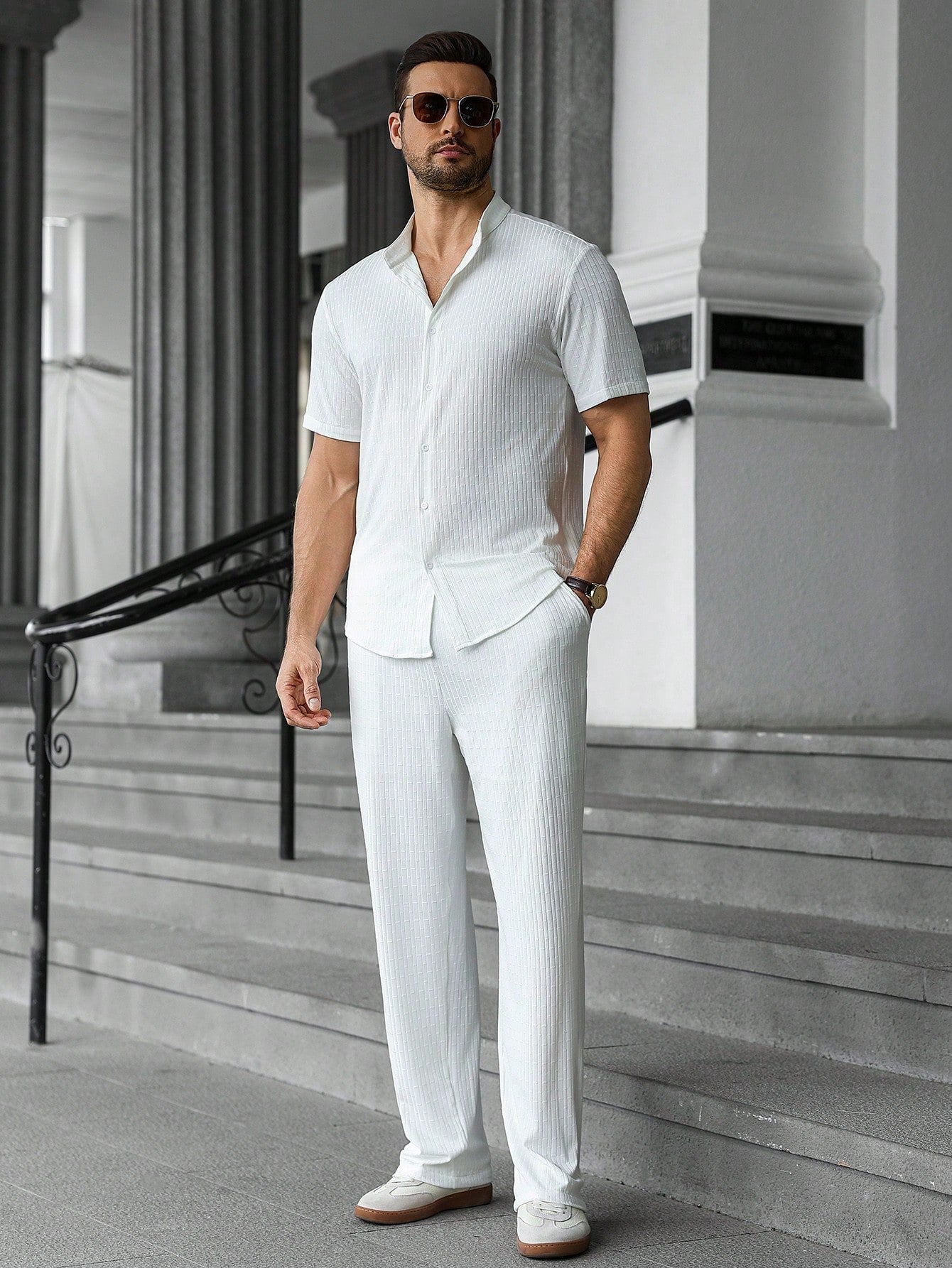 Men's Summer Solid Color Short Sleeve Single-Breasted Shirt And Pants Casual Suit,Men's Versatile Set, Heavyweight Casual Commuting Chinese Style Stand Up Collar Imitation Hemp Bamboo Knot Short Sleeved Shirt And Casual Elastic Loose Draws