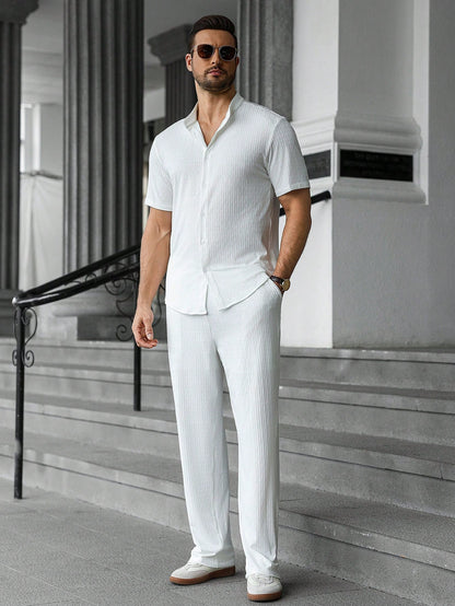 Men's Summer Solid Color Short Sleeve Single-Breasted Shirt And Pants Casual Suit,Men's Versatile Set, Heavyweight Casual Commuting Chinese Style Stand Up Collar Imitation Hemp Bamboo Knot Short Sleeved Shirt And Casual Elastic Loose Draws