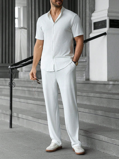 Men's Summer Solid Color Short Sleeve Single-Breasted Shirt And Pants Casual Suit,Men's Versatile Set, Heavyweight Casual Commuting Chinese Style Stand Up Collar Imitation Hemp Bamboo Knot Short Sleeved Shirt And Casual Elastic Loose Draws