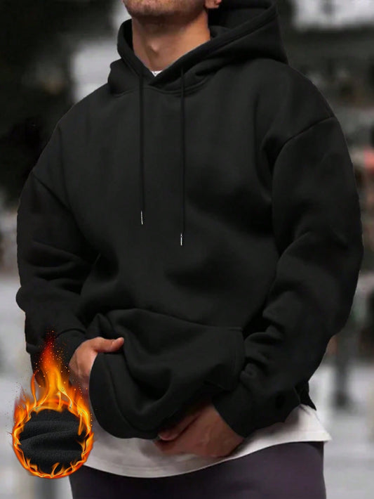 Men's Solid Color Drop Shoulder Long Sleeve Drawstring Pocket Casual Hoodie, Autumn/Winter,Back To School