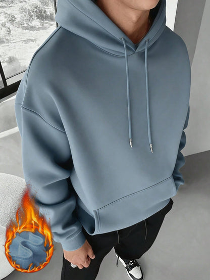 Men's Solid Color Drop Shoulder Long Sleeve Drawstring Pocket Casual Hoodie, Autumn/Winter,Back To School