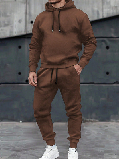 2pcs Men Hoodie Sweatshirt And Knit Pants Set, Casual Sports Outfit, Fall Clothes