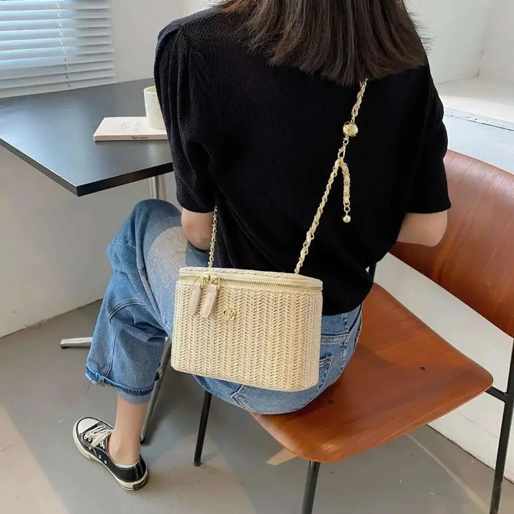 2023 Mini Straw Bucket Crossbody Bag For Women Summer Weave Women's Brand Handbags And Purses Fashion Chain Simple Shoulder Bags